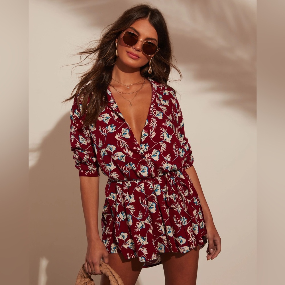 Vici Lorain Burgundy with floral waist tie button front Romper